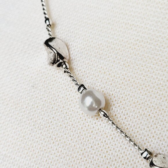 Silver Tone & Faux Pearl Choker Station Necklace Snake Chain 16" - Picture 8 of 9